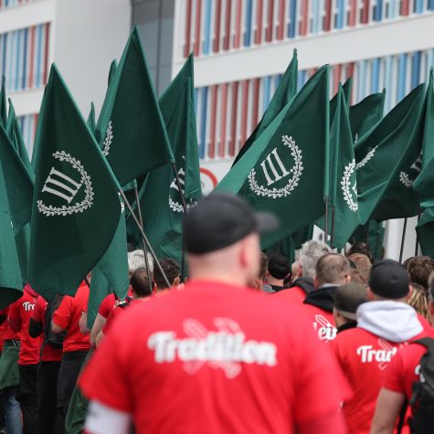 The photo shows participants of a demonstration, which was announced by the neo-Nazi party "Der III. Weg" in Chemnitz for May 1, 2018.