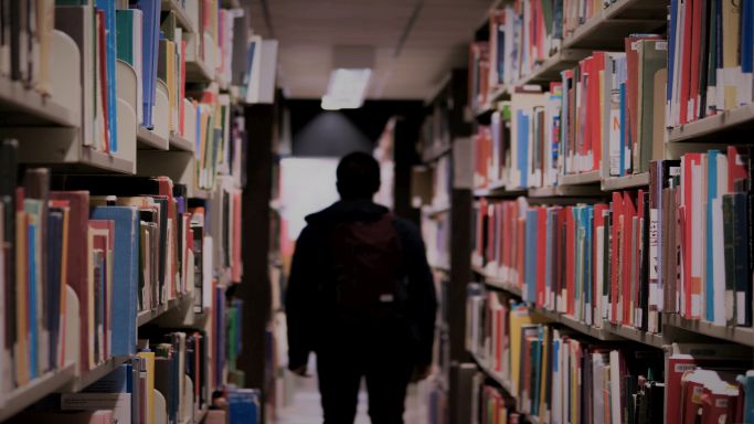 Das Bild zeigt eine Person zwischen zwei Regalen mit Büchern.