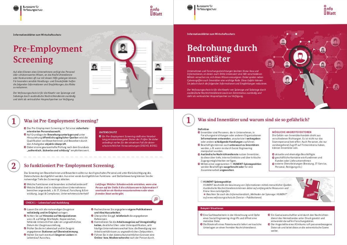 Informationsblätter „Bedrohung durch Innentäter“ und „Pre-Employment Screening“ Informationsblätter „Bedrohung durch Innentäter“ und „Pre-Employment Screening“