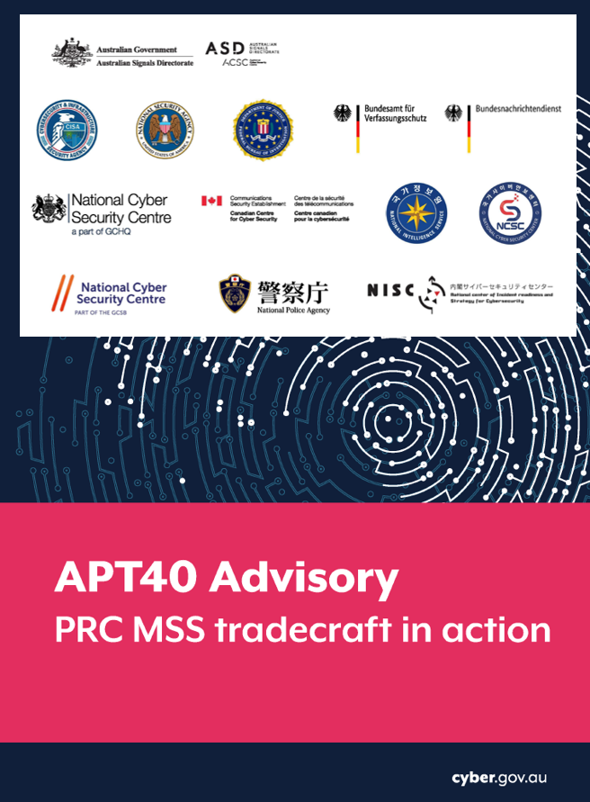 Die Aufnahme zeigt den Schriftzug APT 40 Advisory und die Logos der Partnerbehörden. (Quelle: Bundesamt für Verfassungsschutz) Die Aufnahme zeigt den Schriftzug APT 40 Advisory und die Logos der Partnerbehörden.