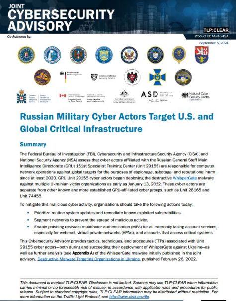 Die Aufnahme zeigt den Schriftzug "Joint Cybersecurity Advisory" und die Logos der Partnerbehörden. (Quelle: FBI) Die Aufnahme zeigt den Schriftzug "Joint Cybersecurity Advisory" und die Logos der Partnerbehörden.