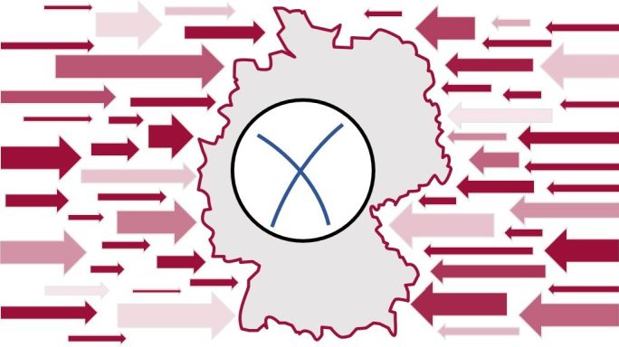 Die Aufnahme zeigt den Umriss von Deutschland mit einem Kreuz in der Mitte und Pfeilen drum herum. (Quelle: Bundesamt für Verfassungsschutz) Die Aufnahme zeigt den Umriss von Deutschland mit einem Kreuz in der Mitte und Pfeilen drum herum.