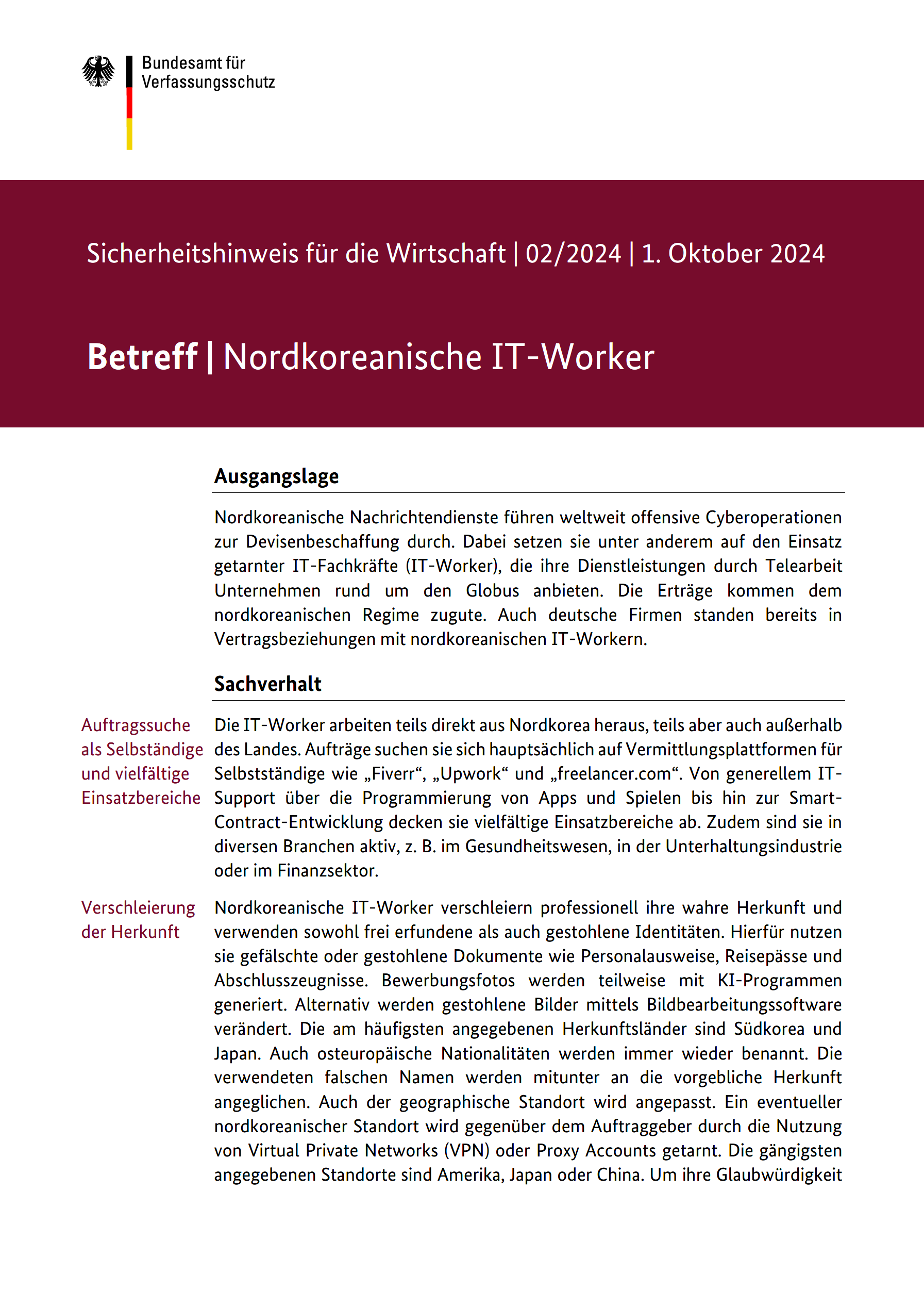 Cover „Sicherheitshinweis für die Wirtschaft | 02/2024 | 1. Oktober 2024 | Betreff: „Nordkoreanische IT-Worker““ (Quelle: Bundesamt für Verfassungsschutz) Cover „Sicherheitshinweis für die Wirtschaft | 02/2024 | 1. Oktober 2024 | Betreff: „Nordkoreanische IT-Worker““