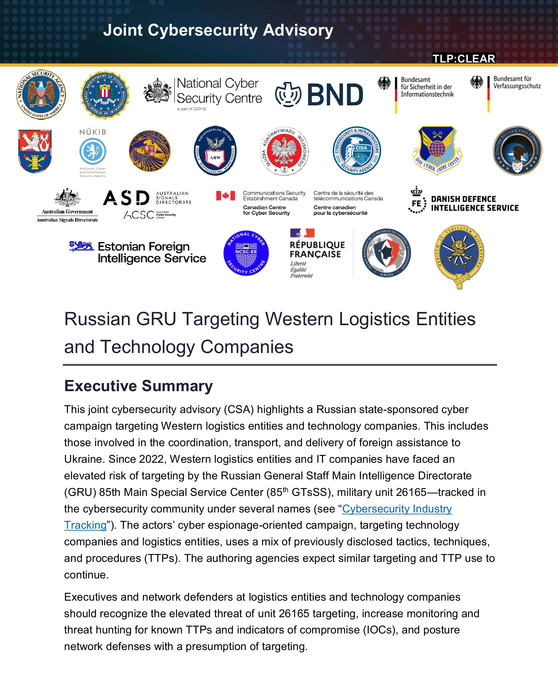 Deckblatt des gemeinsamen Sicherheitshinweis zu Cyberaktivitäten der russischen GRU-Einheit 26165 Deckblatt des gemeinsamen Sicherheitshinweis zu Cyberaktivitäten der russischen GRU-Einheit 26165