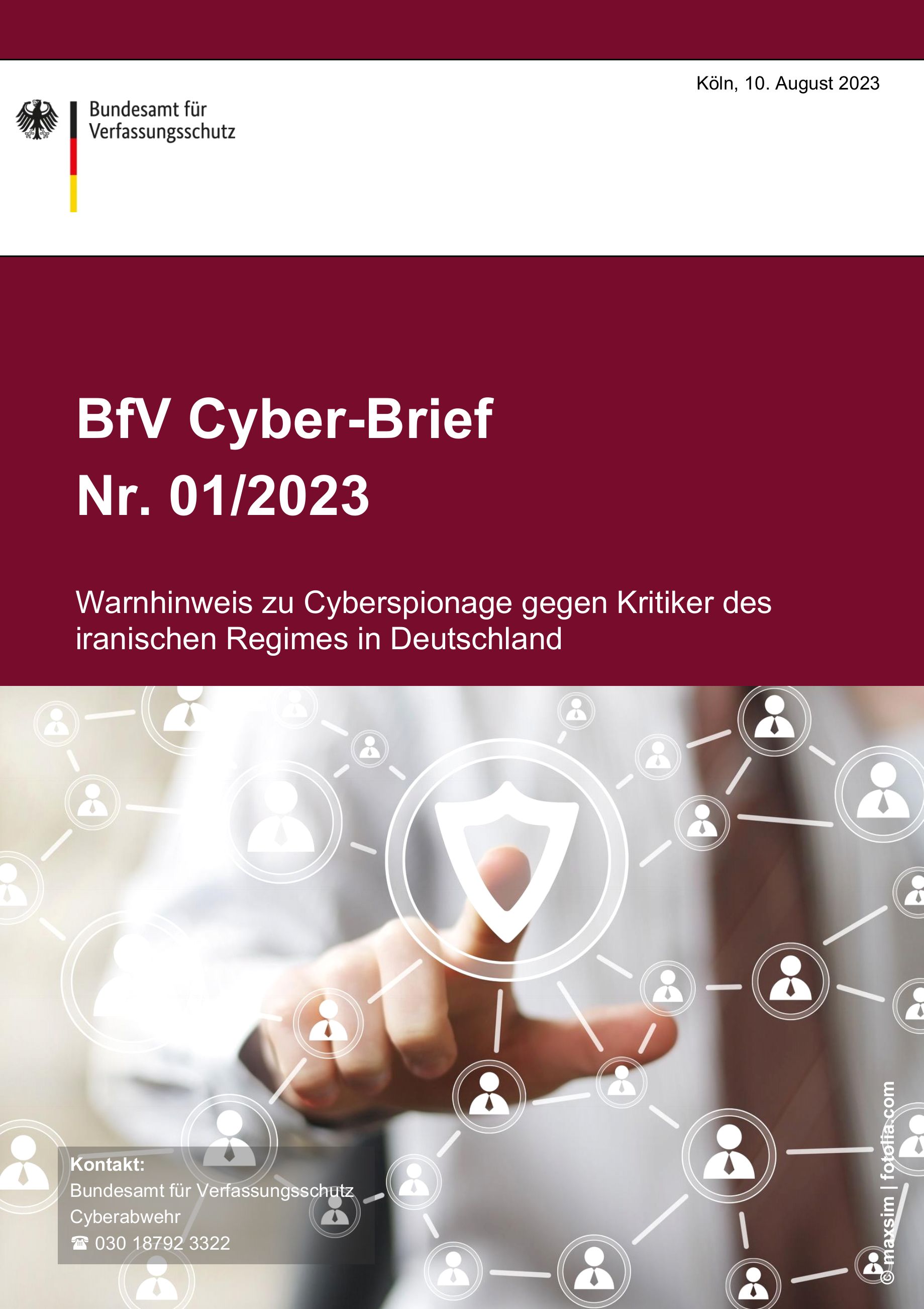 Deckblatt der Publikation BfV Cyber-Brief Nr. 01/2023 Deckblatt der Publikation BfV Cyber-Brief Nr. 01/2023