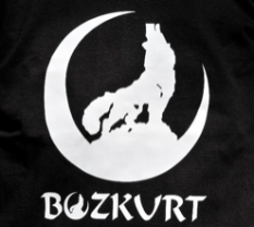 Das Bild zeigt einen weißen Wolf auf einem Halbmond vor einem schwarzen Hintergrund und mit dem Schriftzug "Bozkurt".