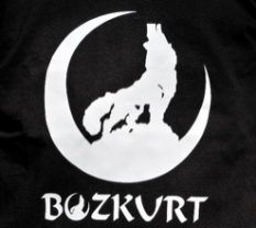 Das Bild zeigt einen weißen Wolf auf einem Halbmond vor einem schwarzen Hintergrund und mit dem Schriftzug "Bozkurt". Das Bild zeigt einen weißen Wolf auf einem Halbmond vor einem schwarzen Hintergrund und mit dem Schriftzug "Bozkurt".