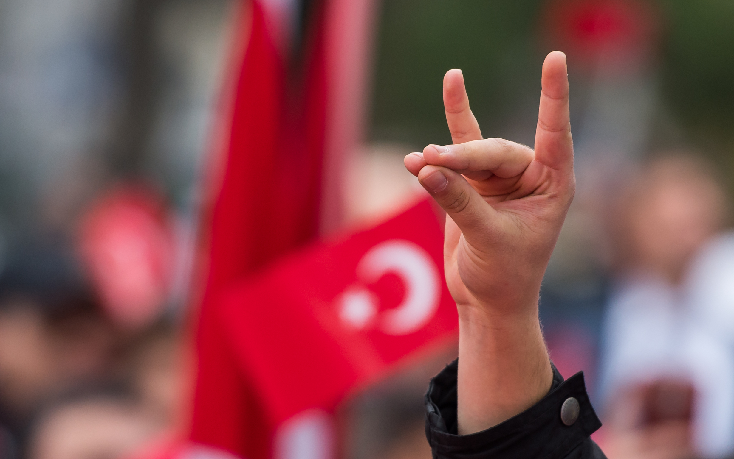 Eine Hand zeigt den "Wolfsgruß" der Grauen Wölfe während einer pro-türkischen Demonstration in München.