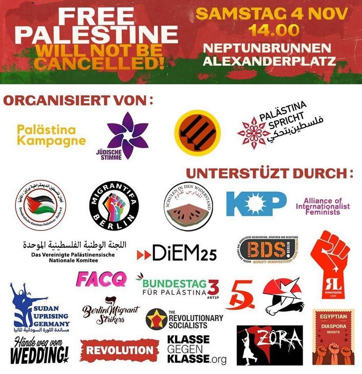 Plakat zum Demonstrationsaufruf "Free Palestine" Plakat zum Demonstrationsaufruf "Free Palestine"