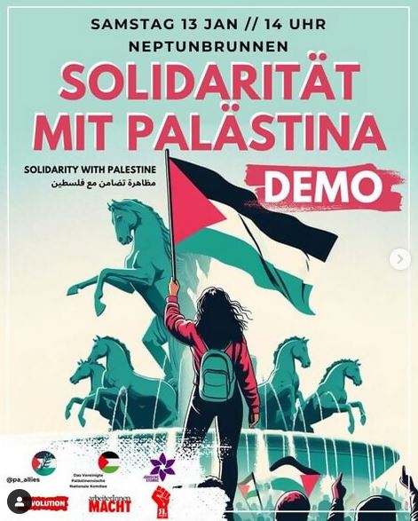 Plakat zum Demonstrationsaufruf "Solidarität mit Palästina" Plakat zum Demonstrationsaufruf "Solidarität mit Palästina"