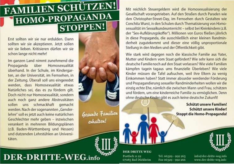 Flugblatt der Partei „Der III. Weg“ mit der Aufschrift „Familien schützen! Homo-Propaganda stoppen!“ Flugblatt der Partei „Der III. Weg“ mit der Aufschrift „Familien schützen! Homo-Propaganda stoppen!“