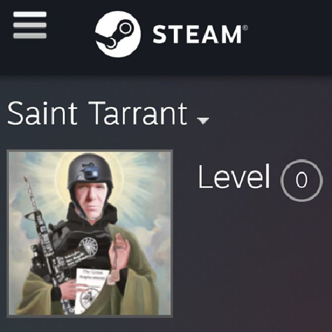 Ein Profil auf der Spieleplattform Steam zeigt Brenton Tarrant mit Maschinengewehr und Stahlhelm als stilisierte Darstellung einer religiösen Figur. Im Hintergrund Sonnenstrahlen, blauer Himmel und helle Wolken. (Quelle: Steam) Ein Profil auf der Spieleplattform Steam zeigt Brenton Tarrant mit Maschinengewehr und Stahlhelm als stilisierte Darstellung einer religiösen Figur. Im Hintergrund Sonnenstrahlen, blauer Himmel und helle Wolken.