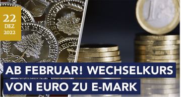 Das Bild zeigt Euro-Münzen und Münzen der „E-Mark“ mit dem Schriftzug „Ab Februar! Wechselkurs von Euro zu E-Mark“. Das Bild zeigt Euro-Münzen und Münzen der „E-Mark“ mit dem Schriftzug „Ab Februar! Wechselkurs von Euro zu E-Mark“.