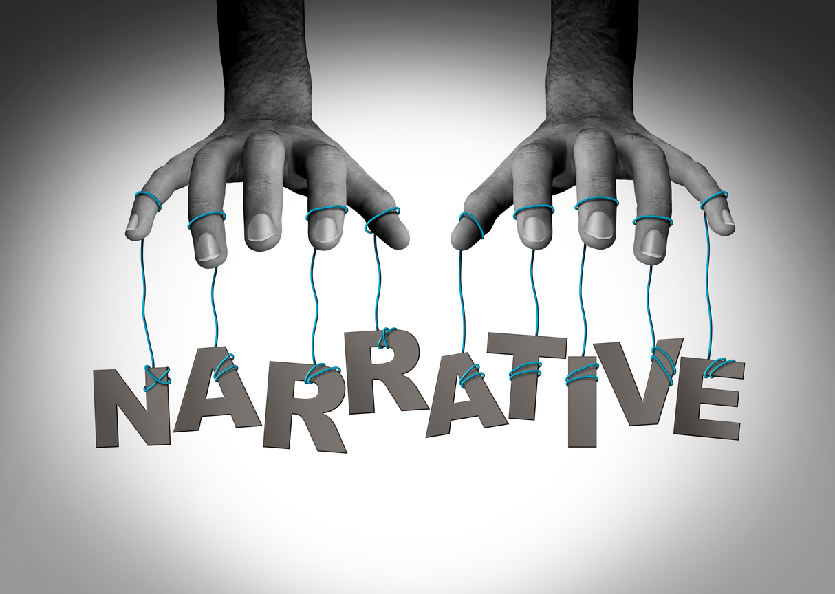 Die Abbildung zeigt zwei Hände mit über Fäden verbundenen Buchstaben für das Wort Narrative (Quelle: istockphoto |wildpixel) Die Abbildung zeigt zwei Hände mit über Fäden verbundenen Buchstaben für das Wort Narrative
