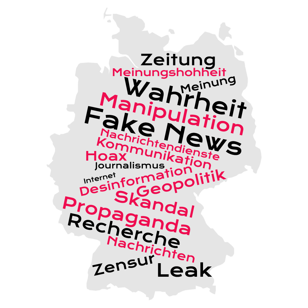 Dieses Bild zeigt eine Grafik mit der Fläche der Bundesrepublik Deutschland und Begriffen zur Desinformation (Quelle: BfV) Dieses Bild zeigt eine Grafik mit der Fläche der Bundesrepublik Deutschland und Begriffen zur Desinformation