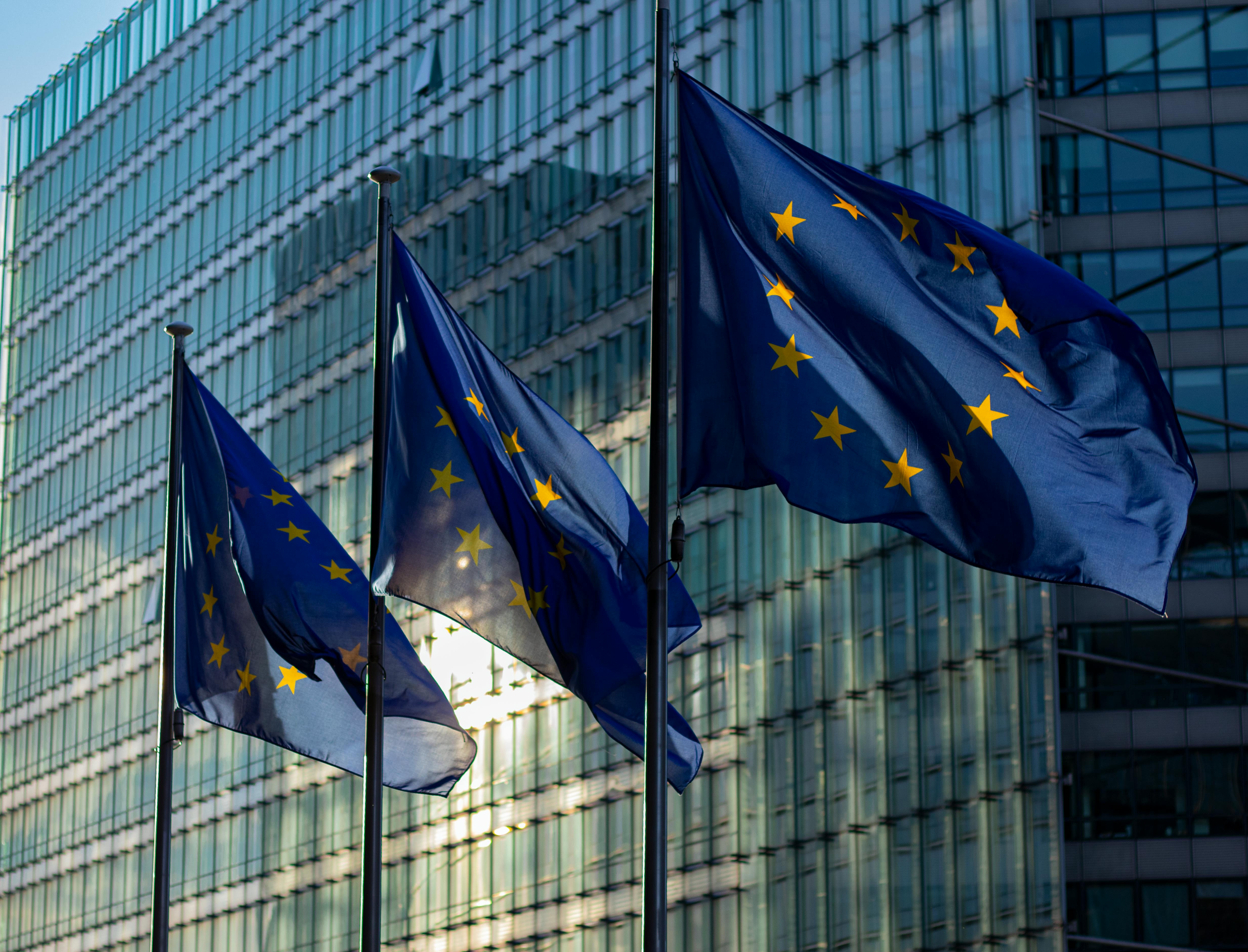 Die Abbildung zeigt drei Europa-Flaggen vor dem Europa-Parlament. (Quelle: pexels.com/Marco) Die Abbildung zeigt drei Europa-Flaggen vor dem Europa-Parlament.