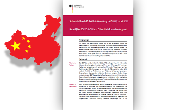 Grafik zeigt ein Warn- und ein Schutzschild mit dem Titelbild des BfV-Sicherheitshinweises (Quelle: Bundesamt für Verfassungsschutz) Grafik zeigt ein Warn- und ein Schutzschild mit dem Titelbild des BfV-Sicherheitshinweises
