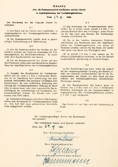 Das Bild zeigt das Bundesverfassungsschutzgesetz in seiner ersten Fassung von 1950. (Quelle: Bundesamt für Verfassungsschutz) Das Bild zeigt das Bundesverfassungsschutzgesetz in seiner ersten Fassung von 1950.