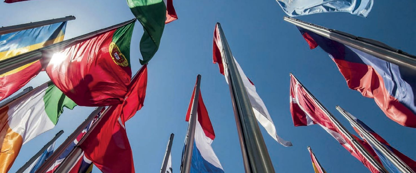 Auf dem Bild sind mehrere gehisste Staatsflaggen vor blauem Himmel abgebildet. (Quelle: picture alliance / imageBROKER | Manfred Bail) Auf dem Bild sind mehrere gehisste Staatsflaggen vor blauem Himmel abgebildet.