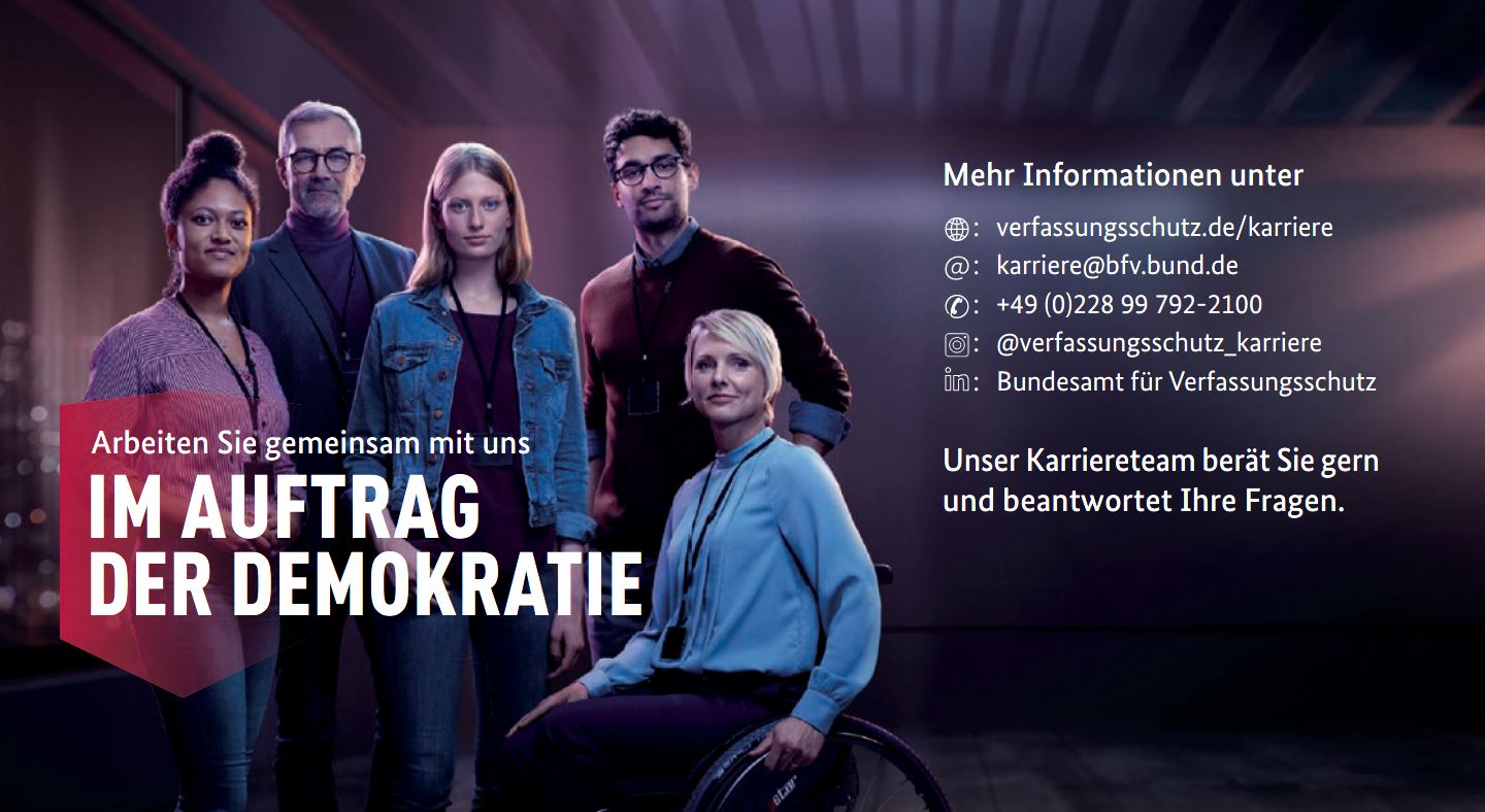 Auf dem Bild sind mehrere Personen im Rahmen der Personalmarketing Kampagne des Bundesamtes für Verfassungsschutz abgebildet. (Quelle: Bundesamt für Verfassungsschutz) Auf dem Bild sind mehrere Personen im Rahmen der Personalmarketing Kampagne des Bundesamtes für Verfassungsschutz abgebildet.