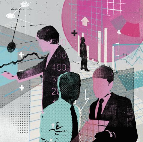 Die Collage zeigt Geschäftsleute, die Daten analysieren (Quelle: Stuart Kinlough/Ikon Images/picture alliance) Die Collage zeigt Geschäftsleute, die Daten analysieren