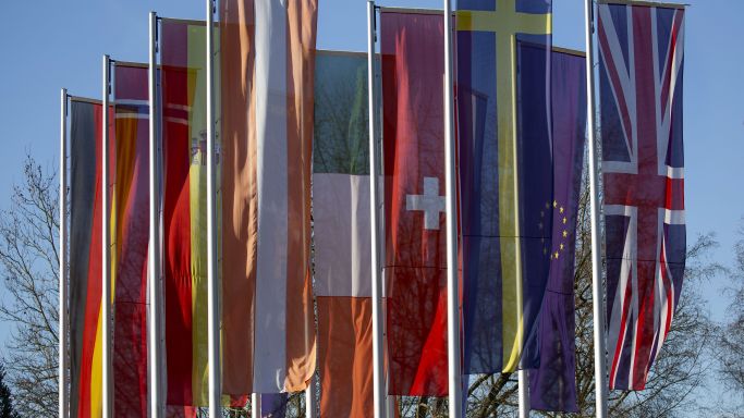 Europäische Flaggen am Europa Park, aufgenommen in Rust am 20. Februar 2020 (Quelle: Robert Schmiegelt/Geisler-Fotopress/picture alliance) Europäische Flaggen am Europa Park, aufgenommen in Rust am 20. Februar 2020