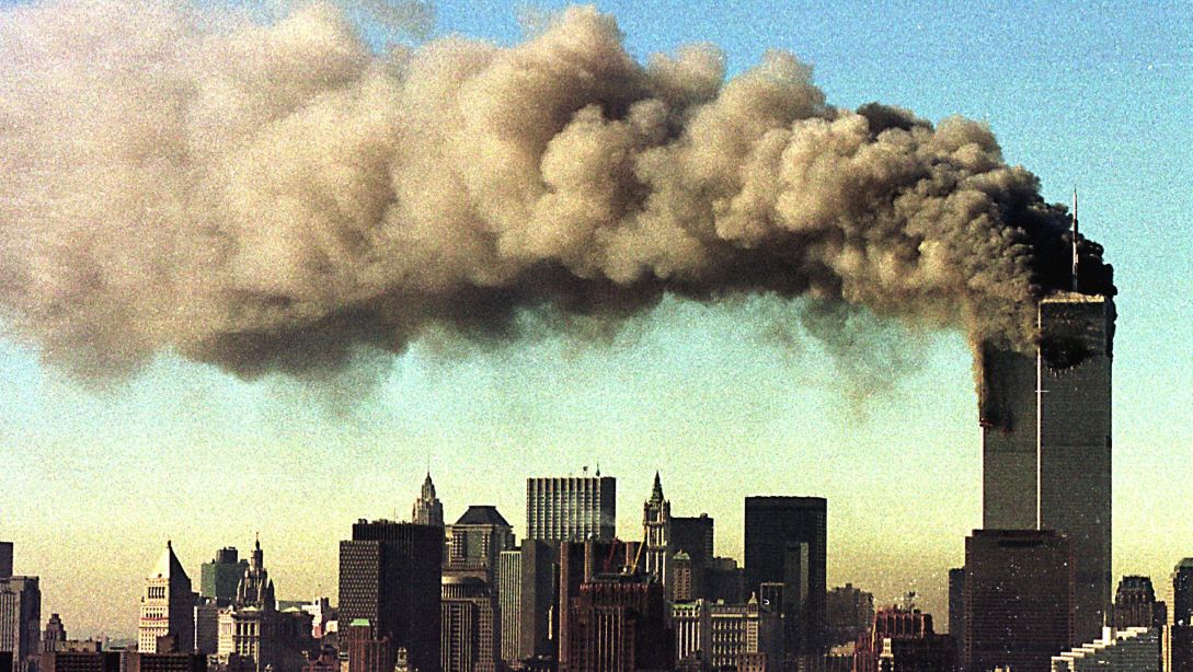 The photograph shows a view of the burning World Trade Center in New York City after the Islamist terrorist attack on September 11, 2001. 