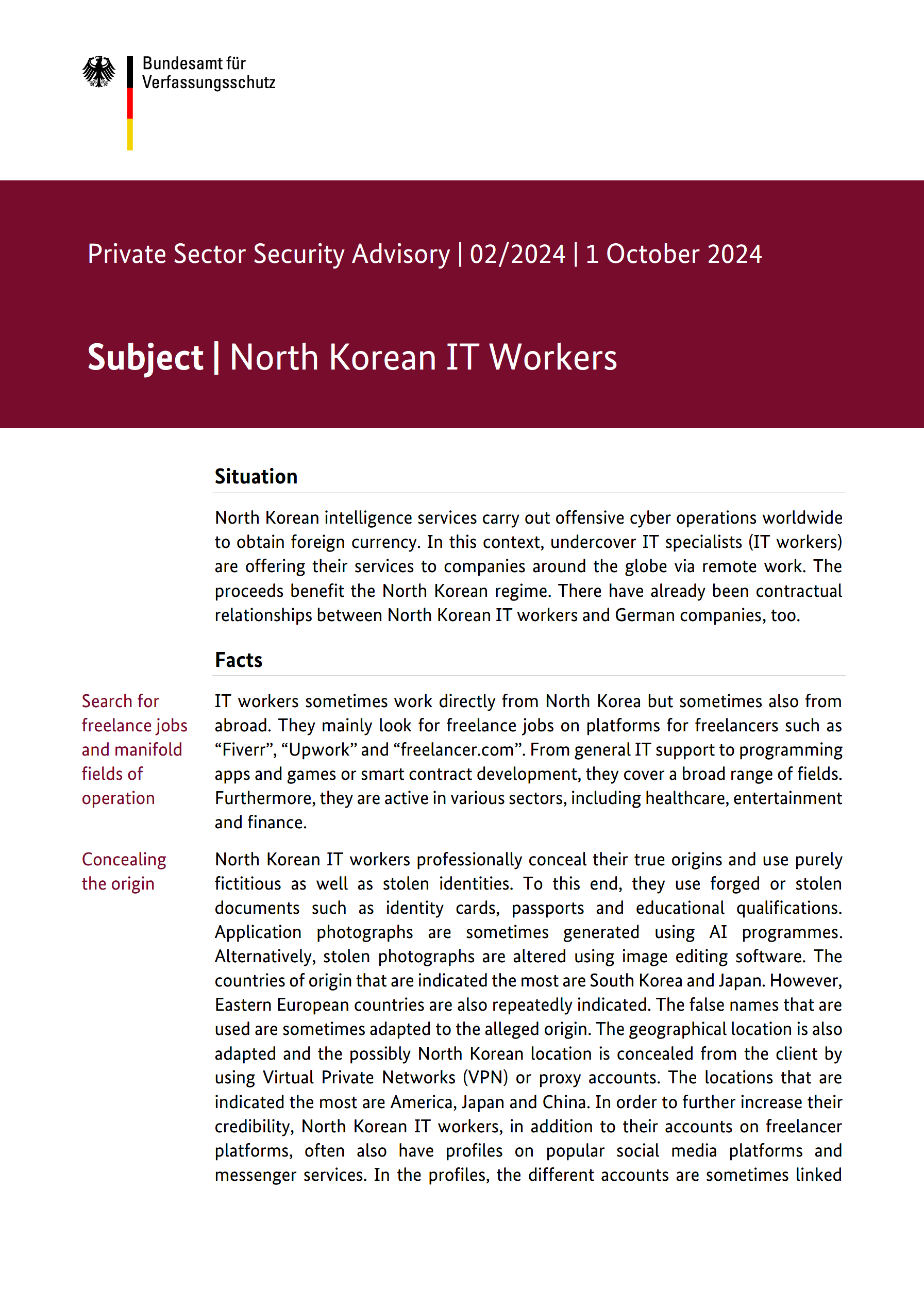 Cover of “Private Sector Security Advisory | 02/2024 | 1 October 2024 | Subject: North Korean IT Workers“ Cover of “Private Sector Security Advisory | 02/2024 | 1 October 2024 | Subject: North Korean IT Workers“
