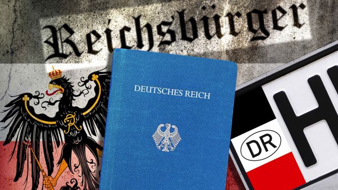 The illustration symbolically shows Reichsbuerger paws, Reich eagle and Reichsbuerger license plate.