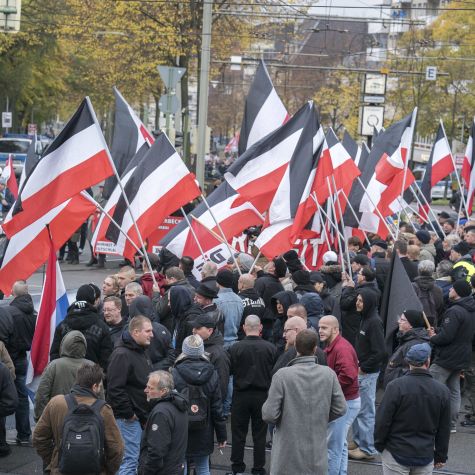 The photo shows participants of a demonstration, which was announced by the neo-Nazi party "Die Rechte" in Berlin November9., 2019.